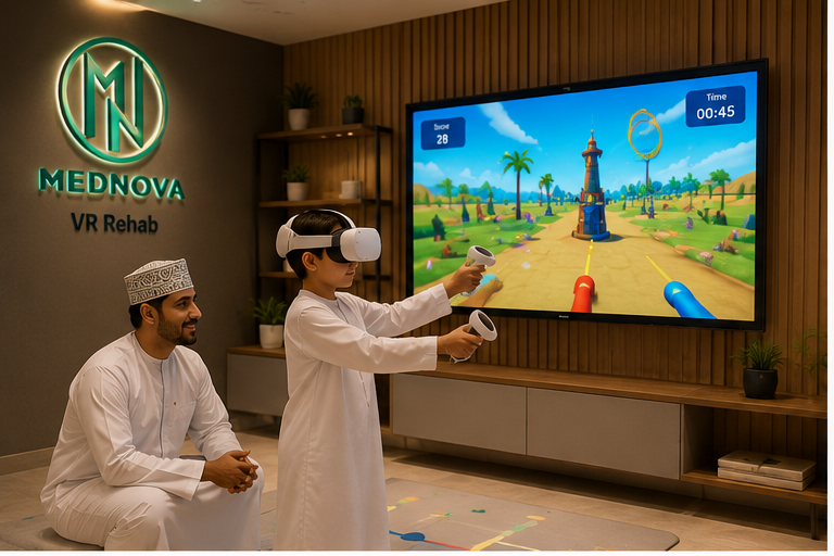 A child wearing a Meta Quest headset playing a MedNova rehab game while a parent watches, guided reach-and-grab exercise on screen