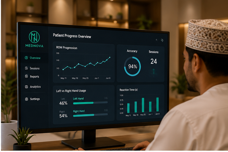 Progress dashboard with ROM progression chart, accuracy ring, and hand usage bars